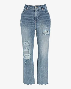 High Waisted Curvy Light Wash Ripped Cropped Flare Jeans in Light Wash