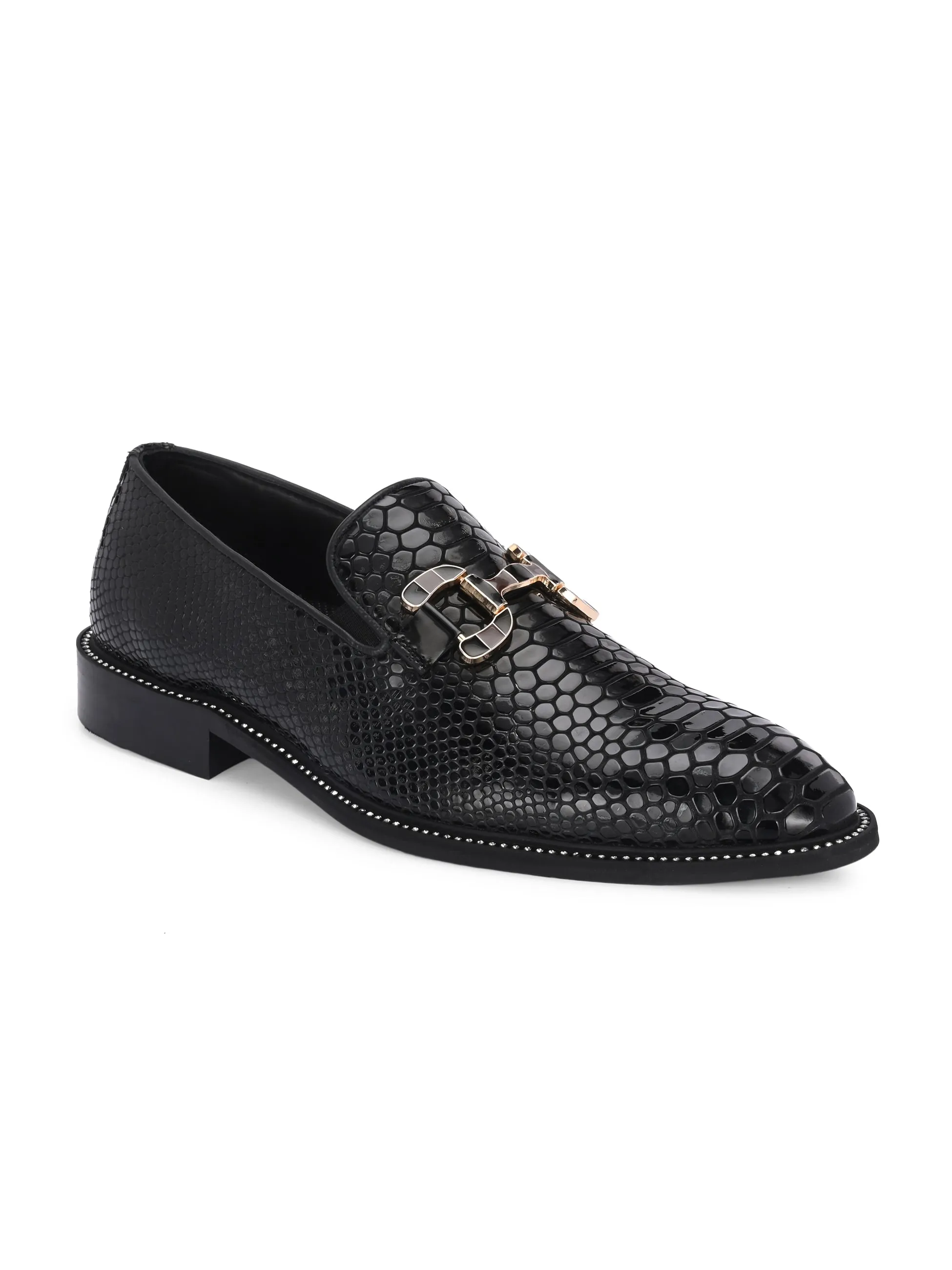 Hitz Men's Black Leather Formal Party Wear Slip On Shoes