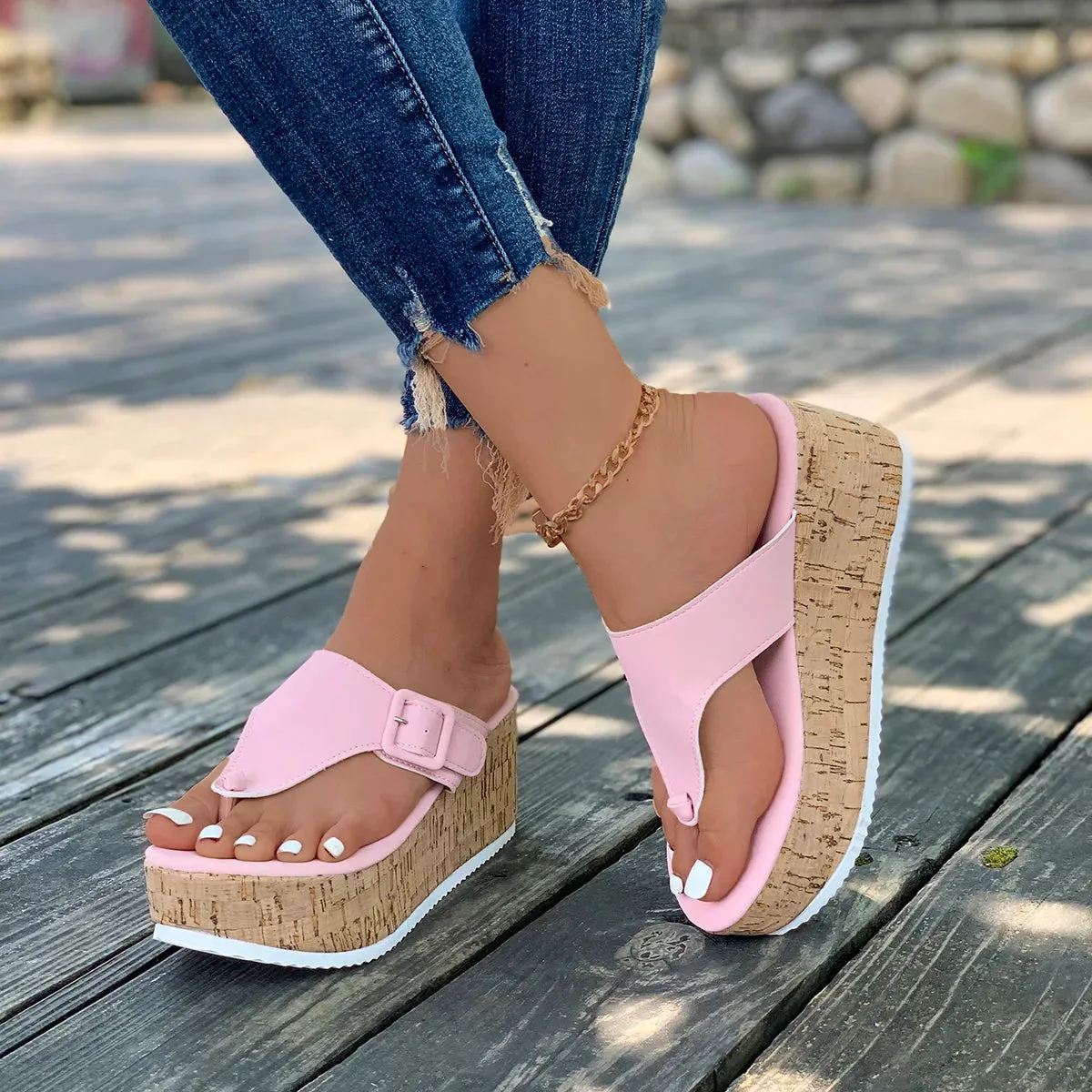 Hnzxzm Women Summer Flip Flops Shoes Female Wedge Platform Sandal  Slip On Buckle Decor Non-slip Platform Wedge Slides Shoes