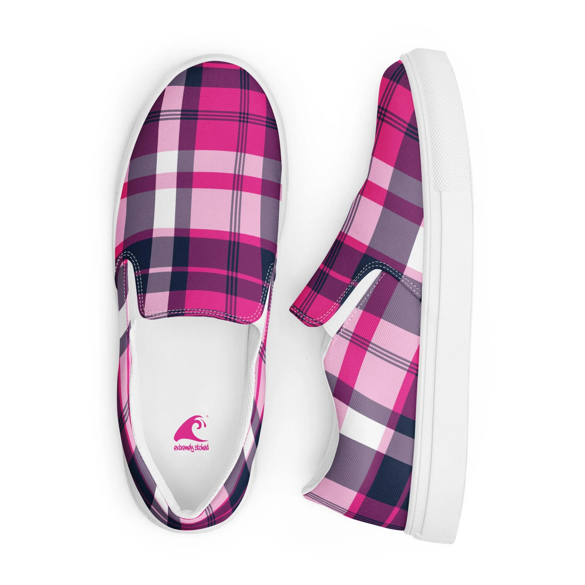 Hot Pink and Navy Blue Preppy Surfer Plaid Women's Slip On Canvas Shoes