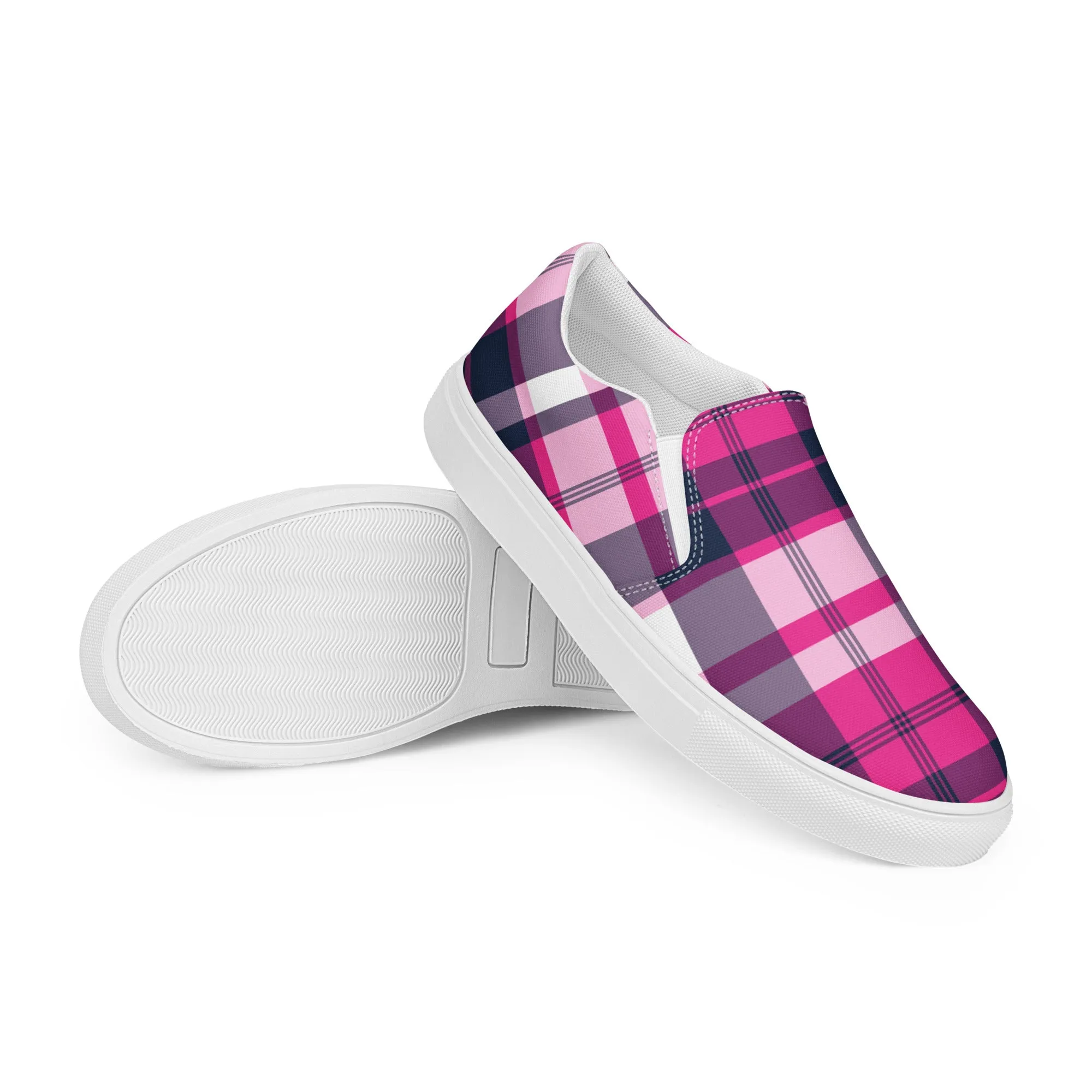 Hot Pink and Navy Blue Preppy Surfer Plaid Women's Slip On Canvas Shoes