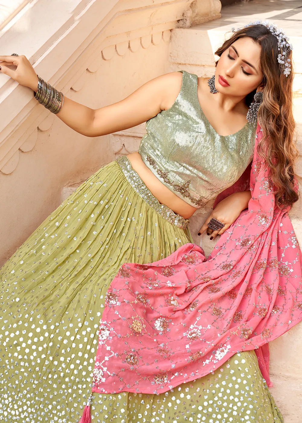 Ingenious Pistachio Green Silver Sequins Party Wear Lehenga