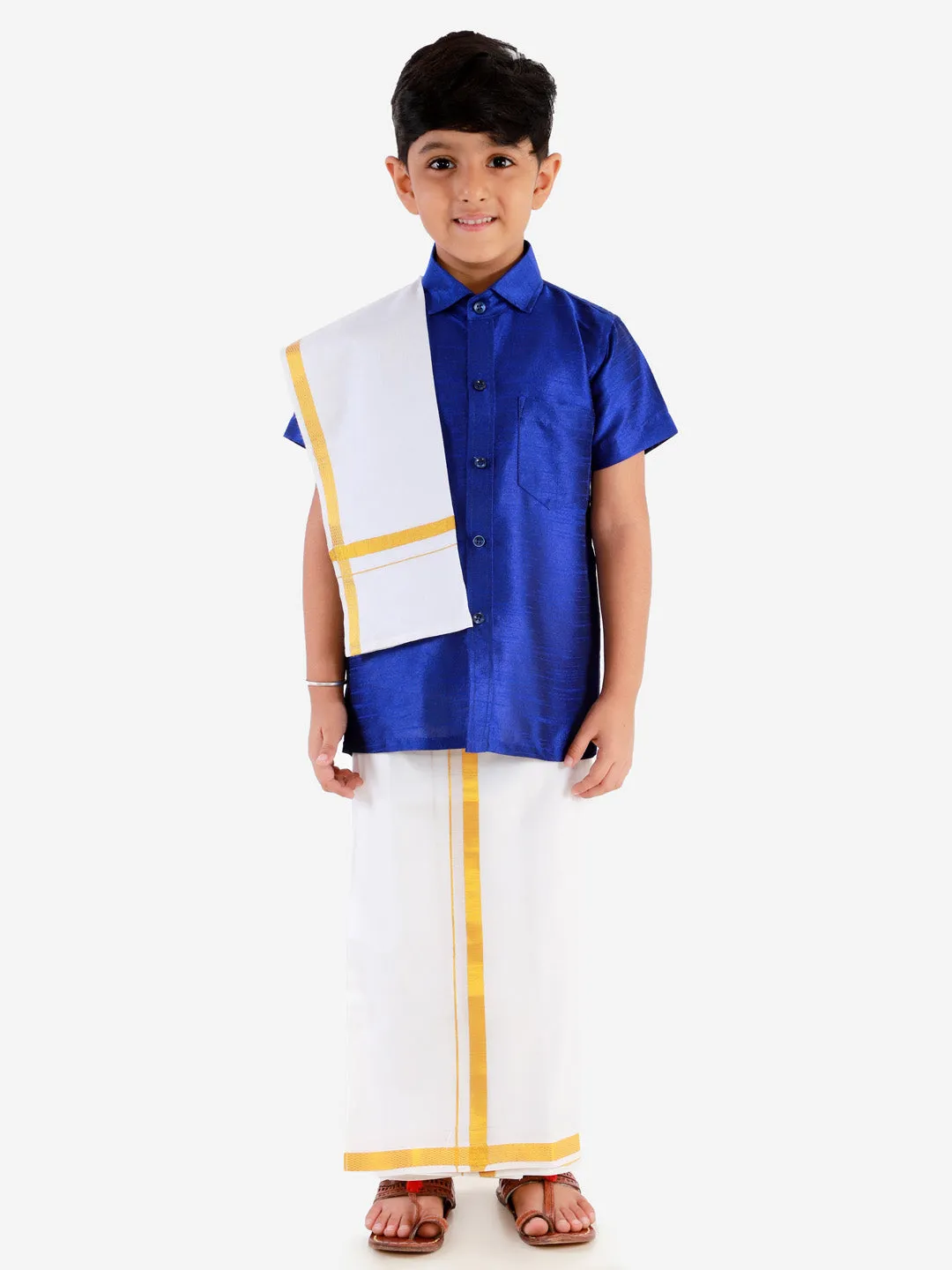 Jashvi Boys' Blue Silk Short Sleeves Ethnic Shirt