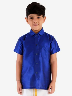 Jashvi Boys' Blue Silk Short Sleeves Ethnic Shirt