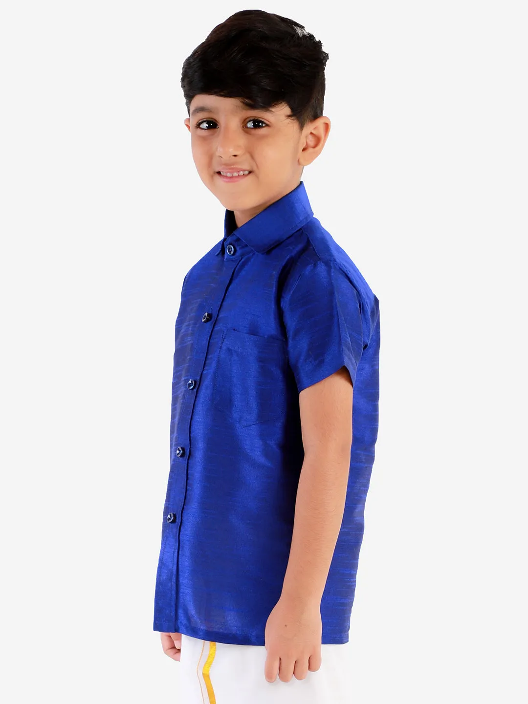 Jashvi Boys' Blue Silk Short Sleeves Ethnic Shirt