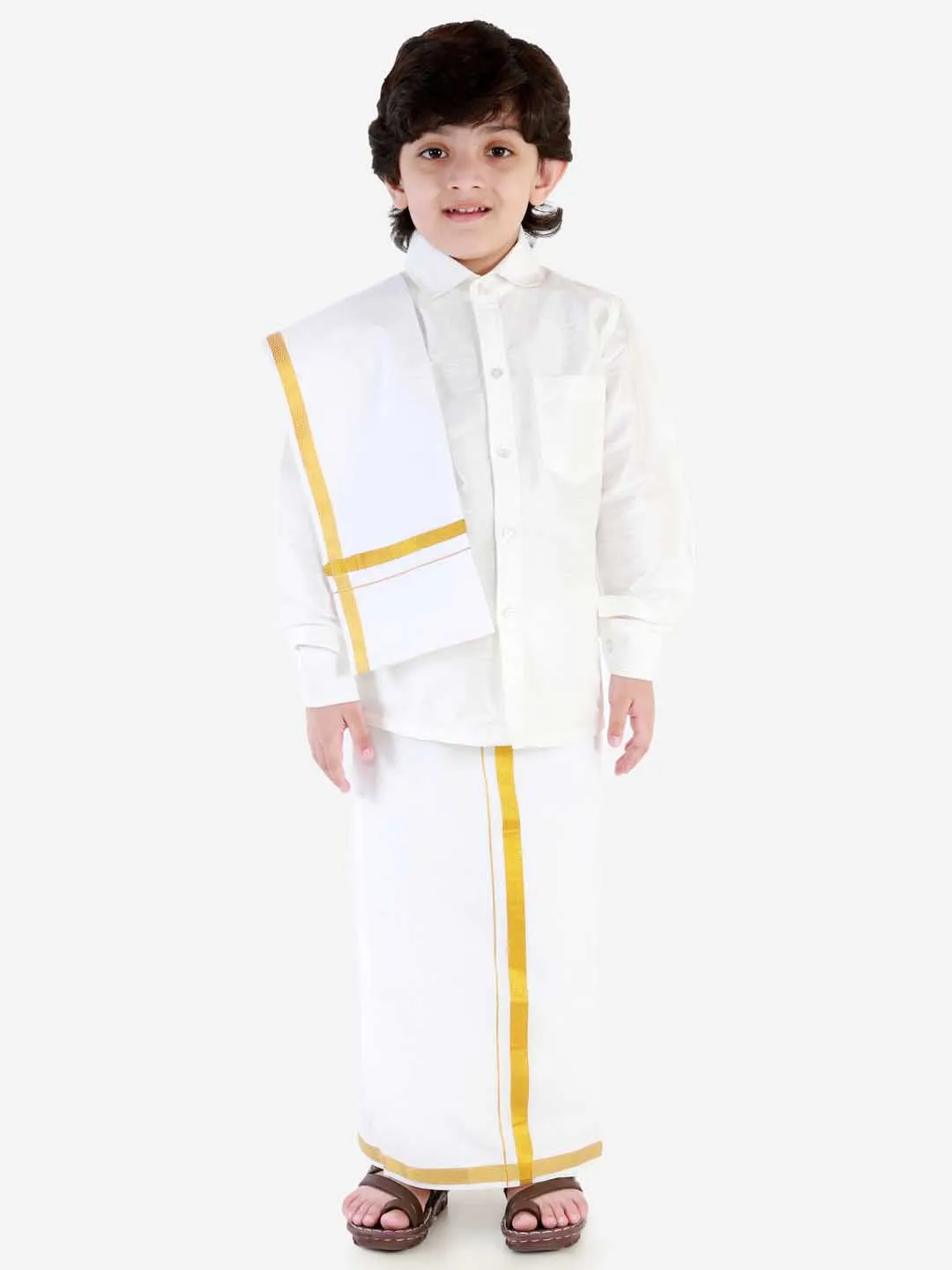 Jashvi Boys' White Silk Long Sleeves Ethnic Shirt