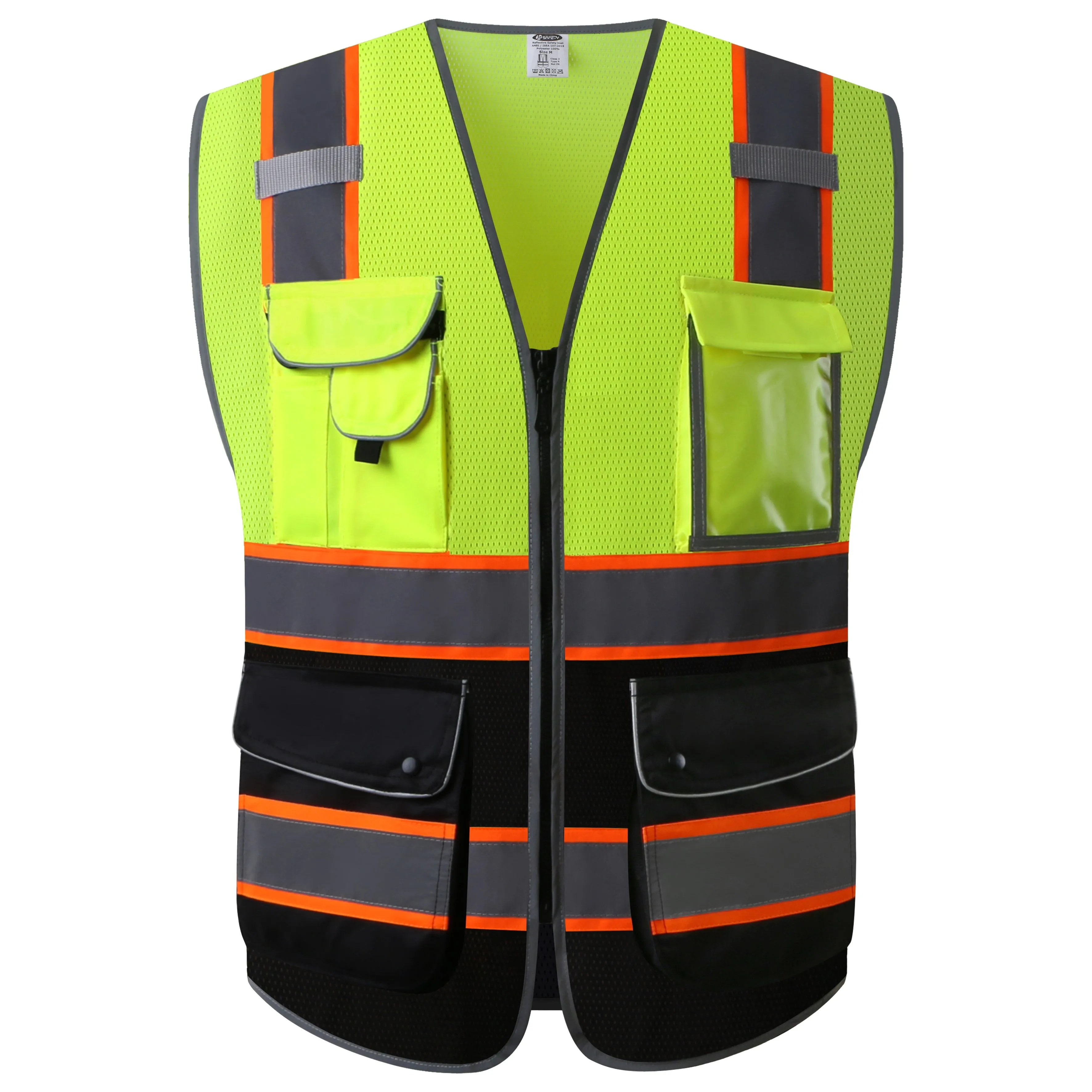 JKSafety 9 Pockets Mesh Two-Tone Hi-Vis Reflective Safety Vest, Black Bottom (JK100)