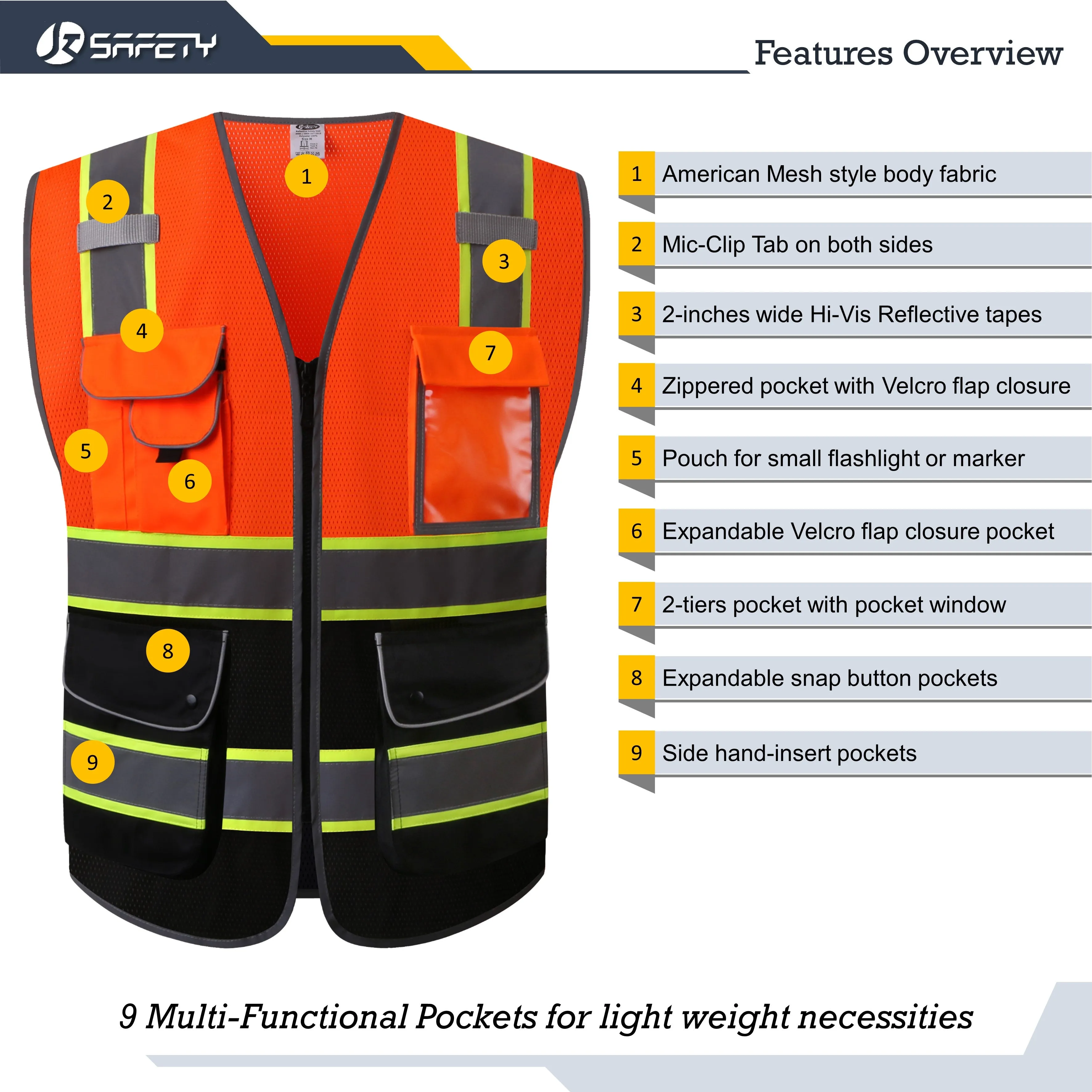 JKSafety 9 Pockets Mesh Two-Tone Hi-Vis Reflective Safety Vest, Black Bottom (JK100)