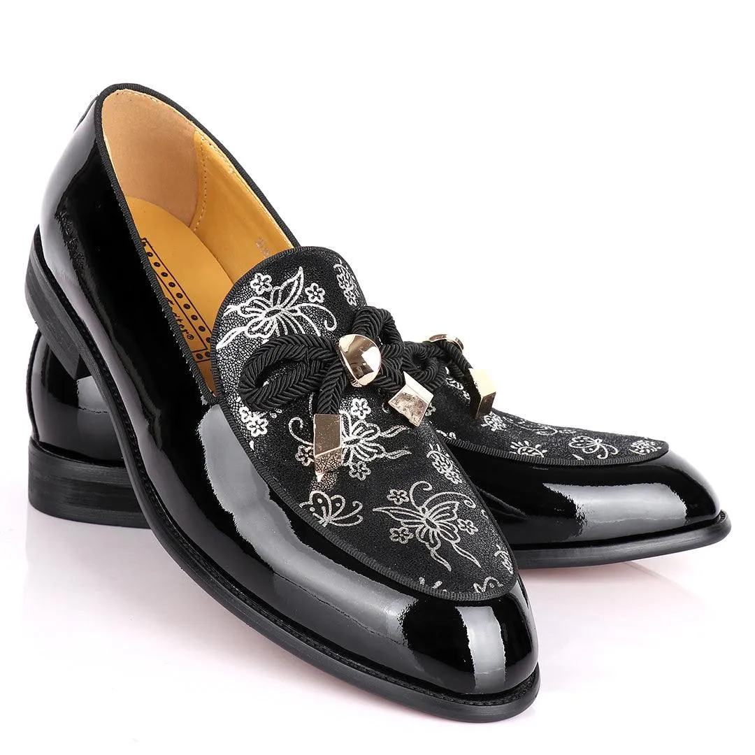 John Foster Wetlips With Woven Tassel Flowered Print Shoe-Black