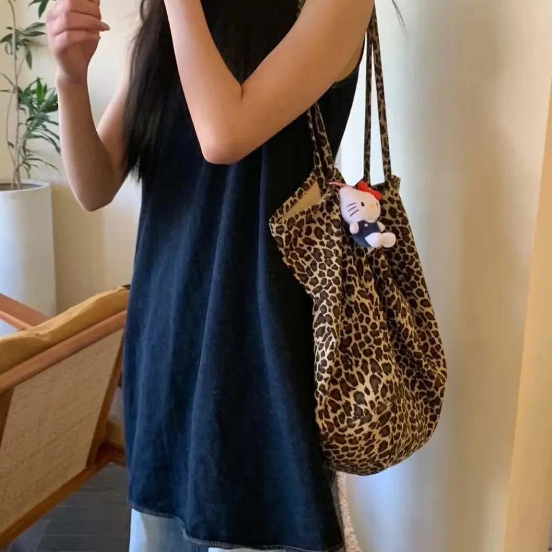 Korean Leopard Print Canvas Bag  New Large Capacity Leisure All-Matching Lazy Style Fashion Tote Bag Cloth Shoulder Bag