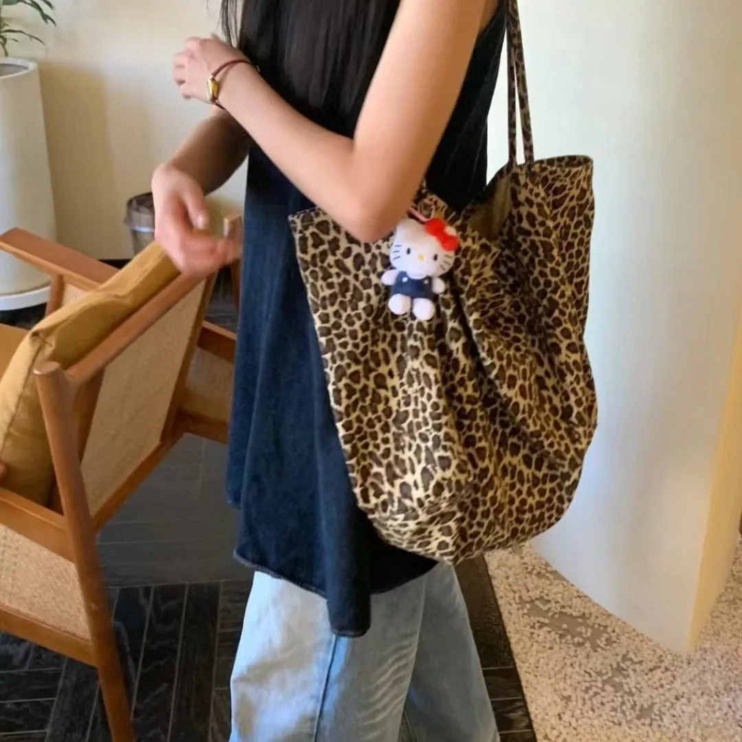 Korean Leopard Print Canvas Bag  New Large Capacity Leisure All-Matching Lazy Style Fashion Tote Bag Cloth Shoulder Bag