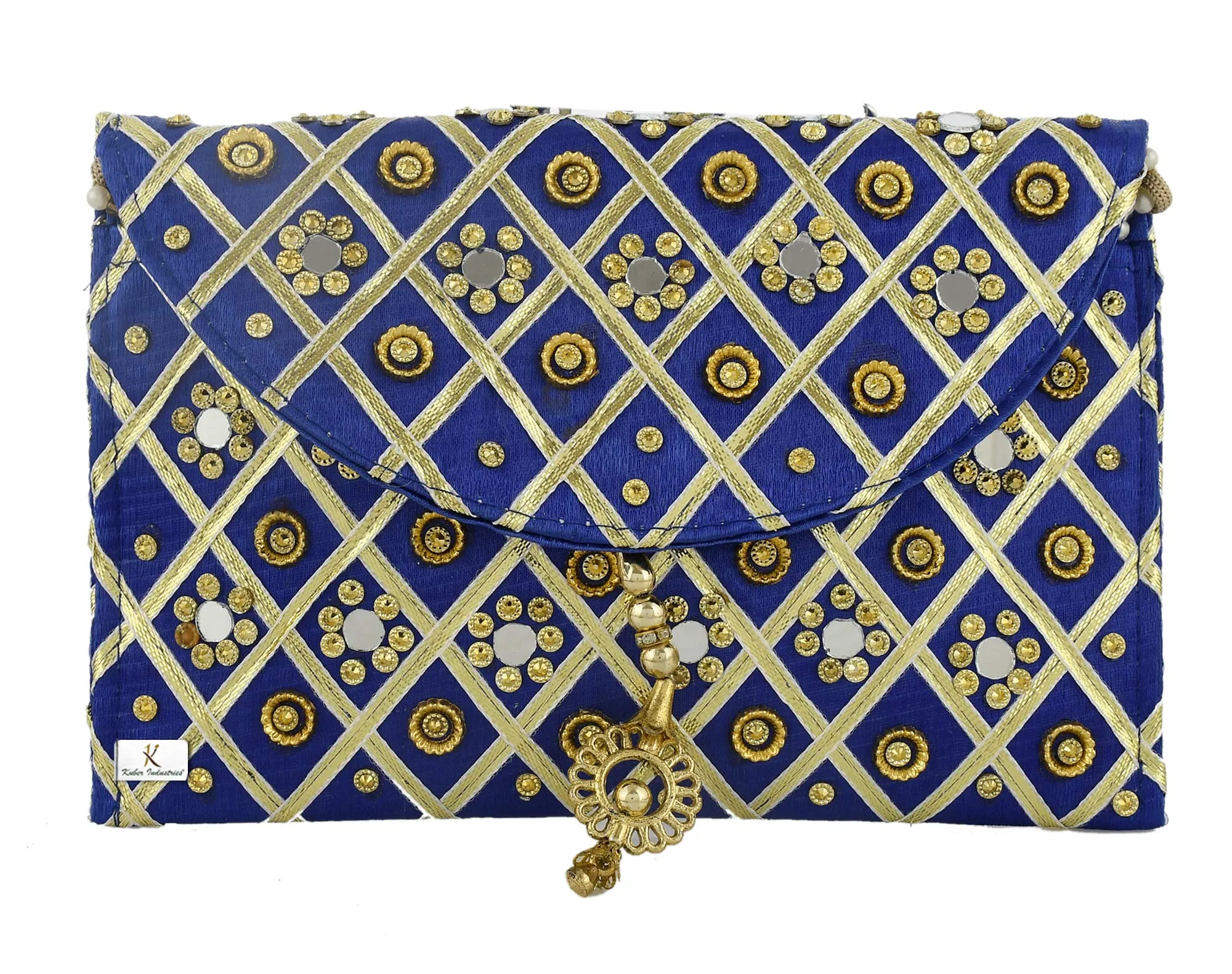 Kuber Industries 2 Pieces Silk Traditional Mirror Work Envelope Clutch/Hand Purse Bag for Women/Girls (Blue)-KUBMART11445