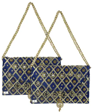 Kuber Industries 2 Pieces Silk Traditional Mirror Work Envelope Clutch/Hand Purse Bag for Women/Girls (Blue)-KUBMART11445