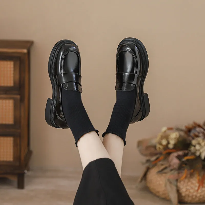 Leather Platform Height-Increasing Versatile Slip-On Black Casual Shoes