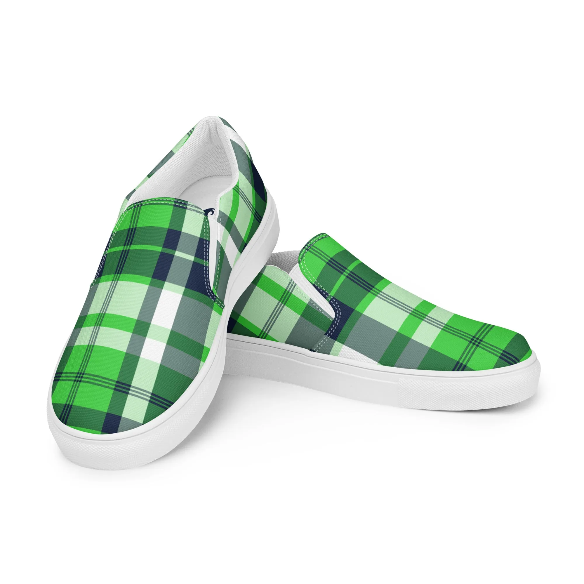 Lime Green and Navy Blue Preppy Surfer Plaid Women's Slip On Canvas Shoes