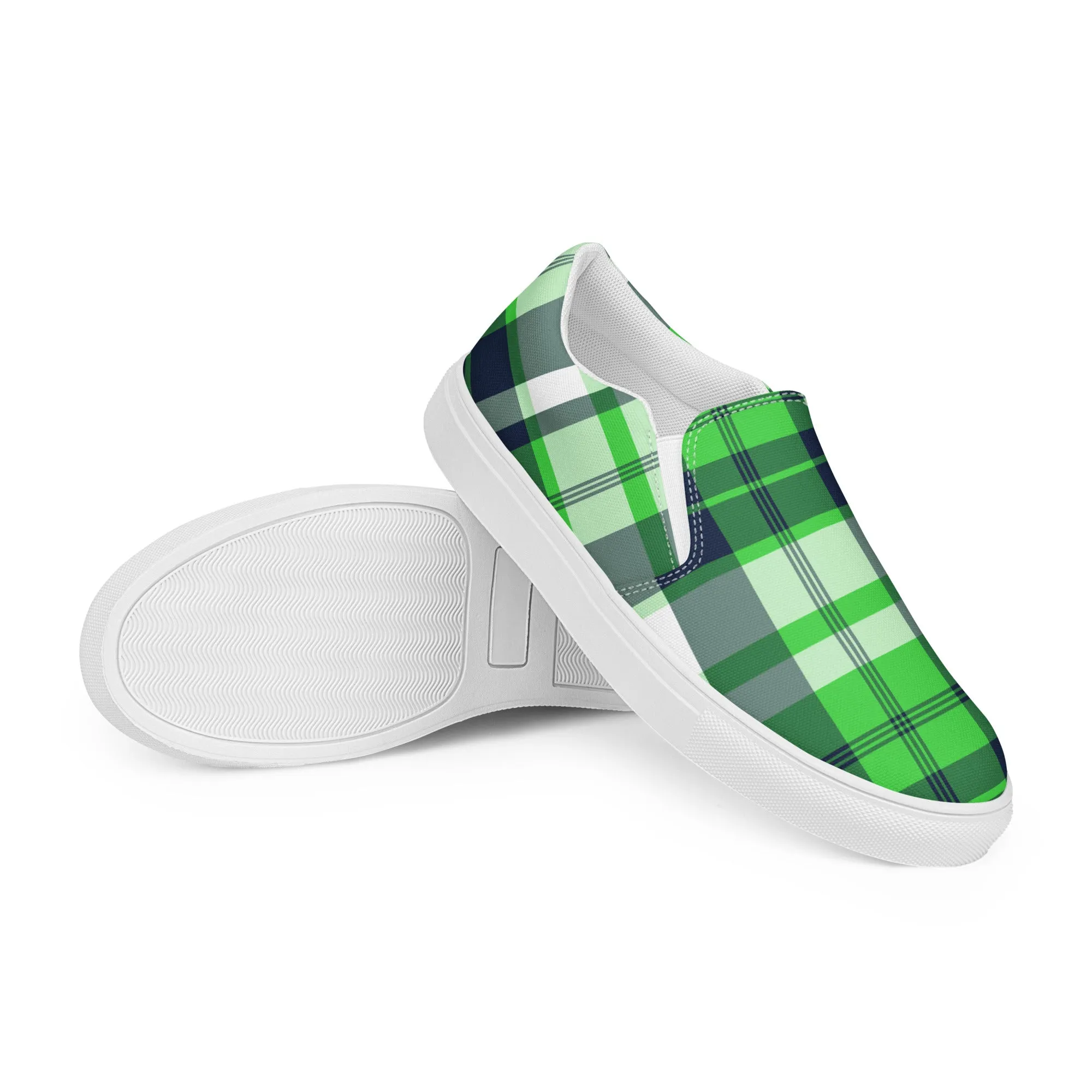 Lime Green and Navy Blue Preppy Surfer Plaid Women's Slip On Canvas Shoes