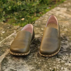 Military Green Leather Handmade Barefoot Men's Loafer Shoes