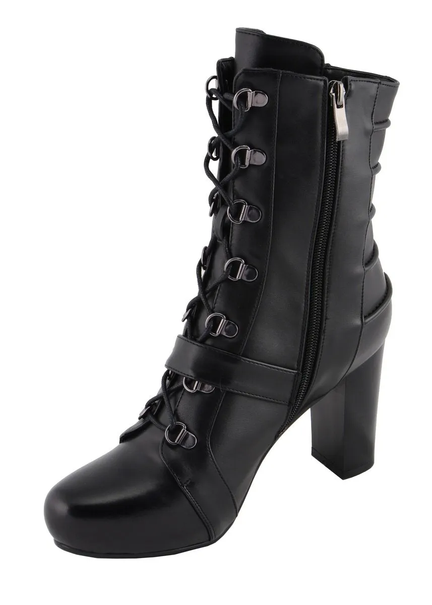 Milwaukee Leather MBL9431 Women's Black Lace-Up Fashion Boots with Block Heel and Buckle Strap