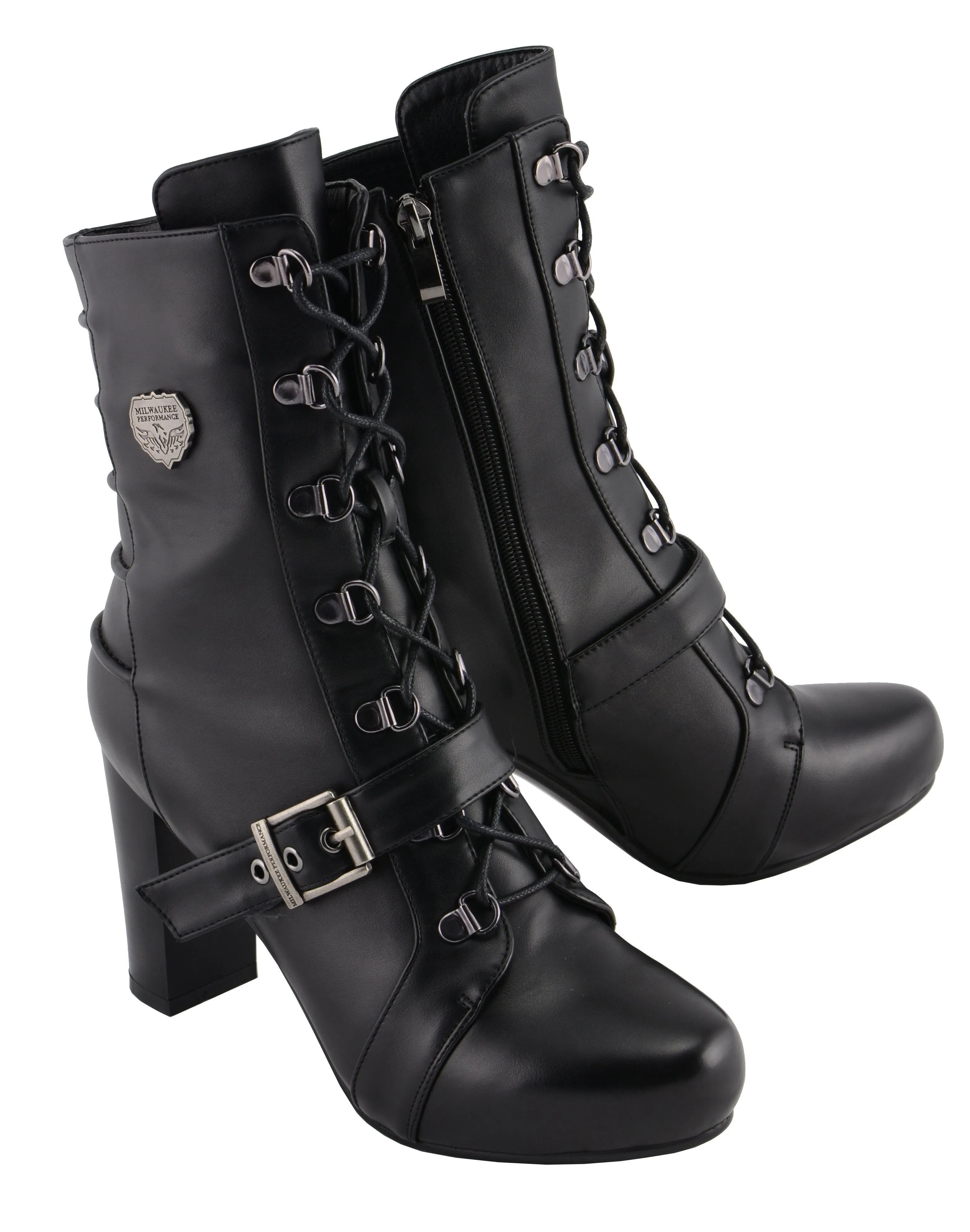 Milwaukee Leather MBL9431 Women's Black Lace-Up Fashion Boots with Block Heel and Buckle Strap