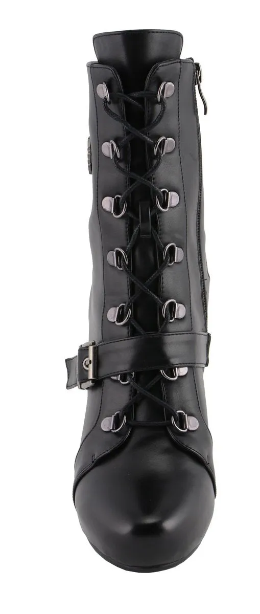 Milwaukee Leather MBL9431 Women's Black Lace-Up Fashion Boots with Block Heel and Buckle Strap