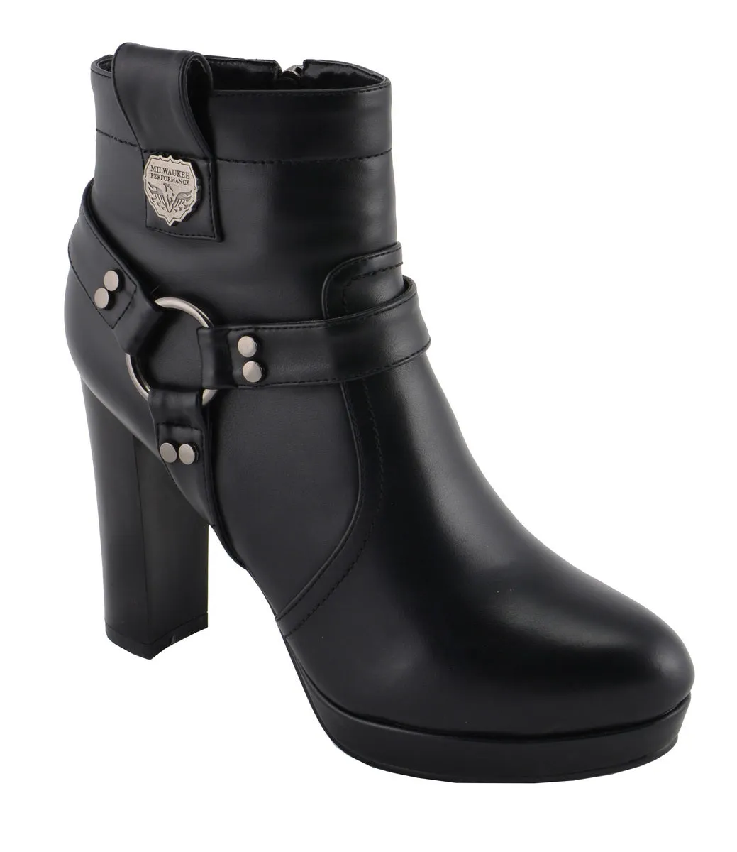 Milwaukee Leather MBL9432 Women's Black Harness Ankle Boots with Block Heel