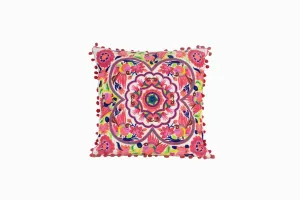 MULTI-COLOURED SQUARE POM POM CUSHION WITH BIRD MOTIF