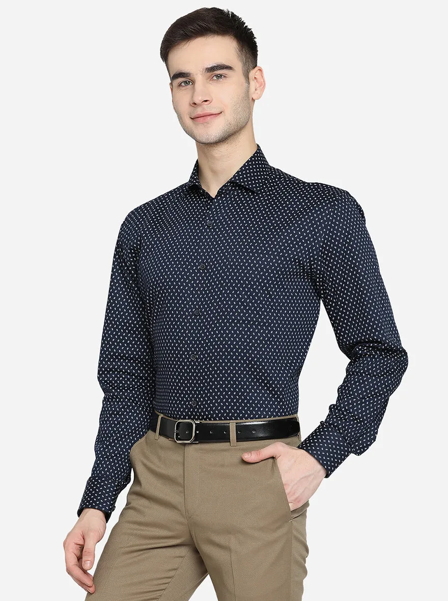 Navy Blue & White Printed Regular Fit Formal Shirt | JadeBlue