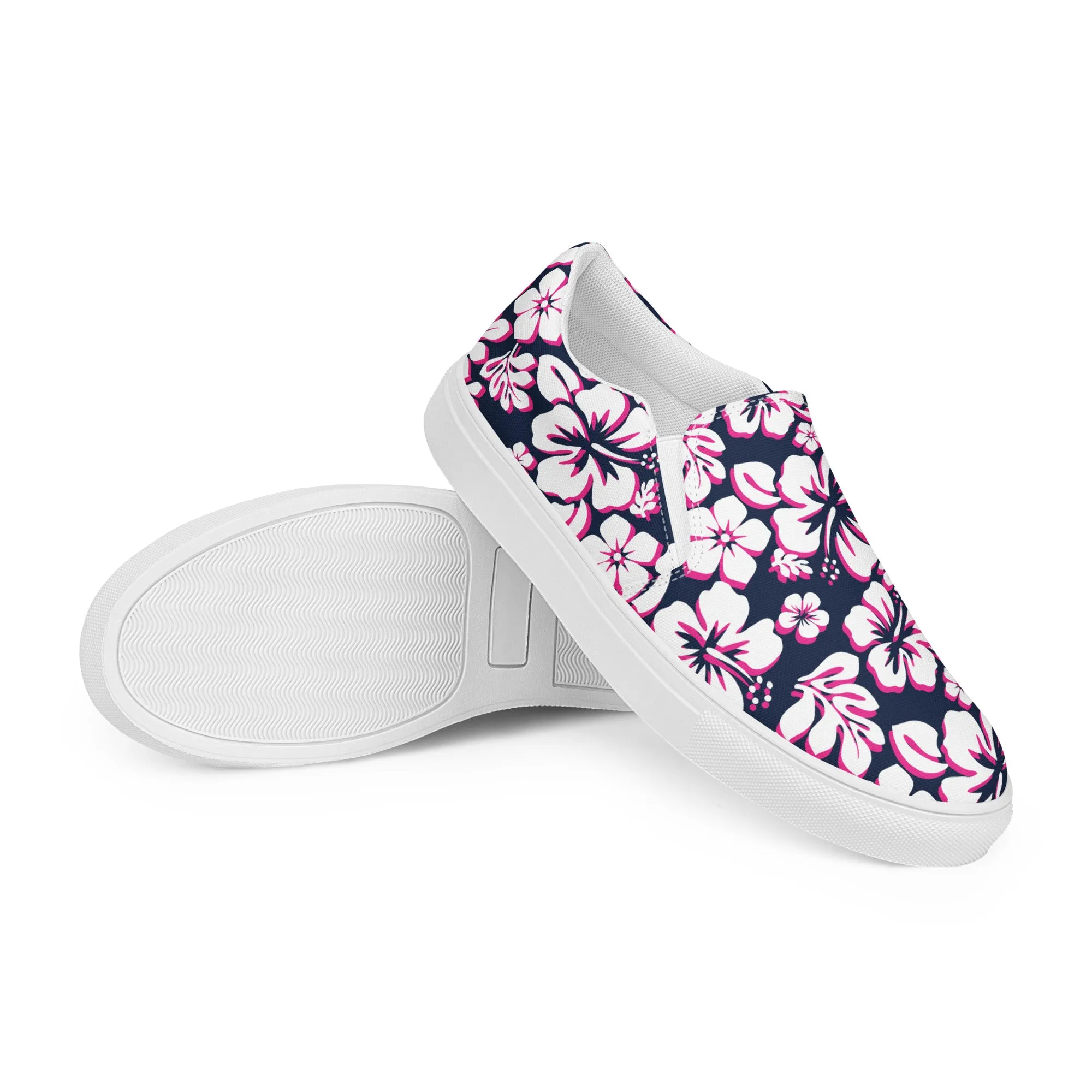 Navy Blue, Hot Pink and White Hawaiian Flowers Men’s Slip On Canvas Shoes