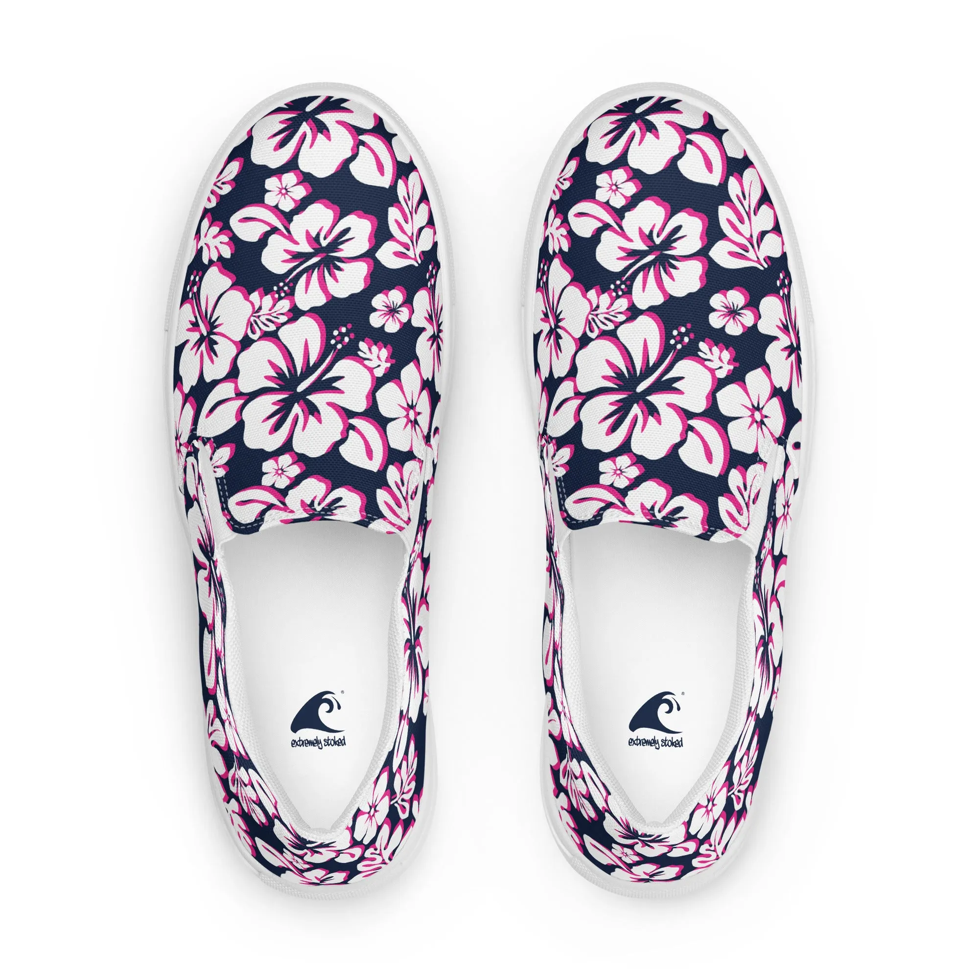 Navy Blue, Hot Pink and White Hawaiian Flowers Men’s Slip On Canvas Shoes