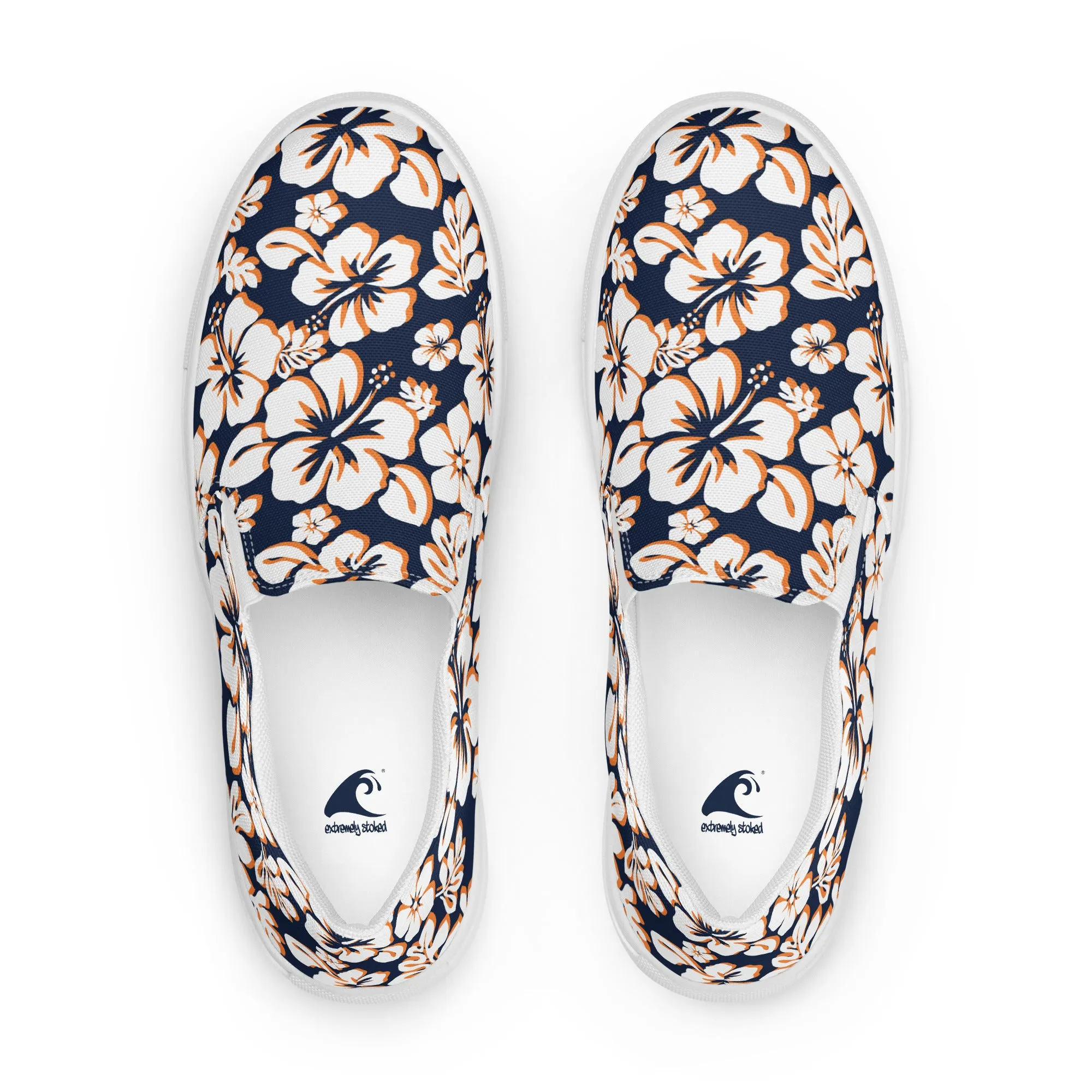 Navy Blue, Orange and White Hawaiian Flowers Men’s Slip On Canvas Shoes