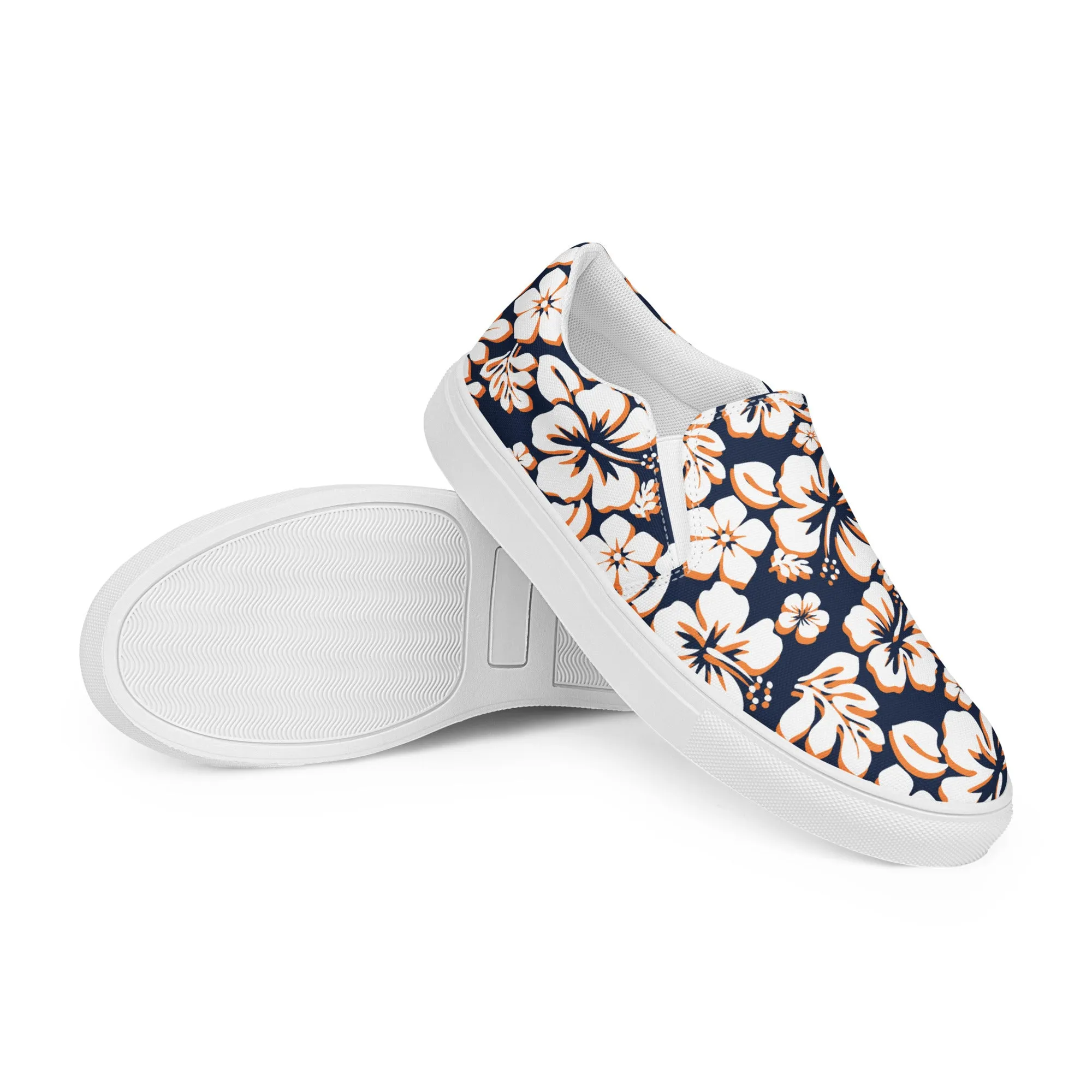 Navy Blue, Orange and White Hawaiian Flowers Men’s Slip On Canvas Shoes