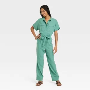 New - Women's Short Sleeve Linen Boilersuit - Universal Thread Green 10