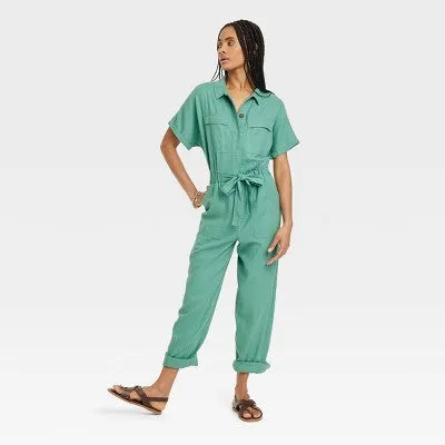 New - Women's Short Sleeve Linen Boilersuit - Universal Thread Green 10