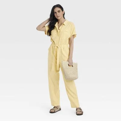 New - Women's Short Sleeve Linen Boilersuit - Universal Thread Yellow 6