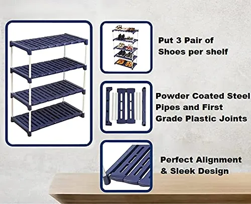 Novatic Multipurpose Shoe Rack Strong Build Adjustable Shelf Rack Portable Shoe Rack for Home Storage Easy to Move & Assemble Metal and Plastic Rack (Navy Blue - 6 Tier)