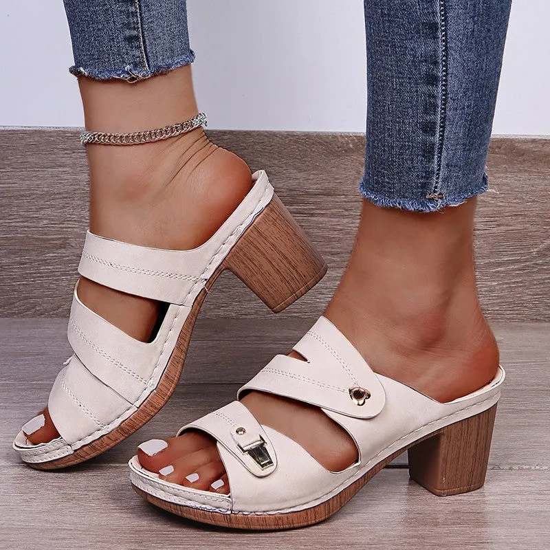 OCW New Women Open Toe Block Heels Sandals Platform Heart Simple Casual Summer