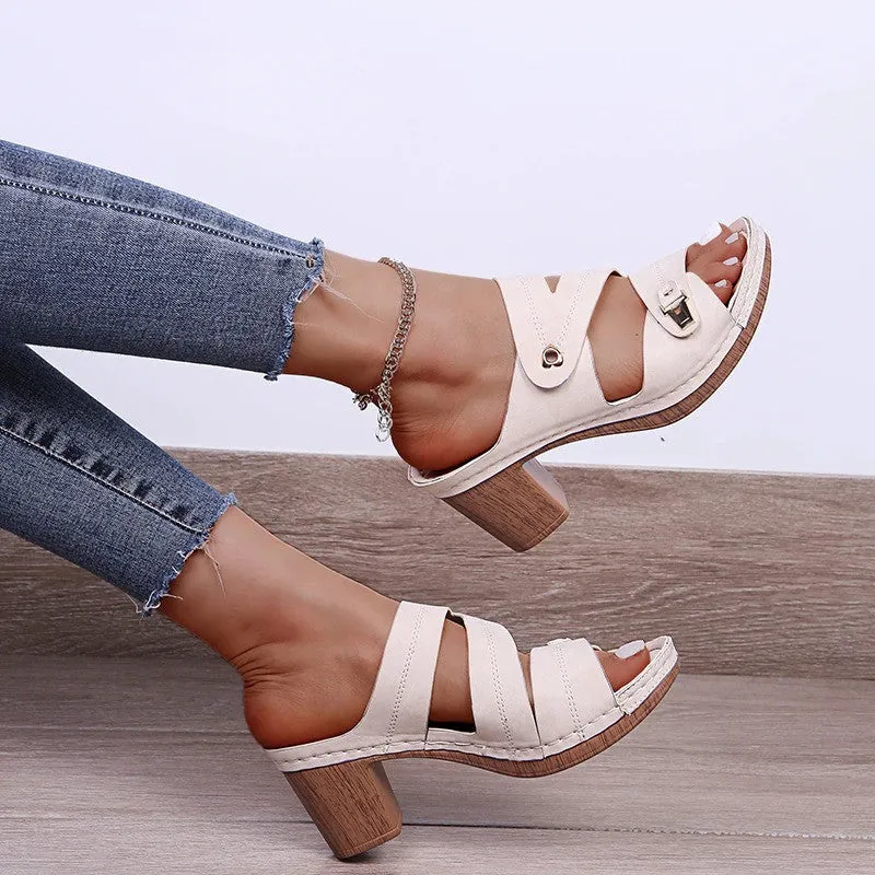 OCW New Women Open Toe Block Heels Sandals Platform Heart Simple Casual Summer