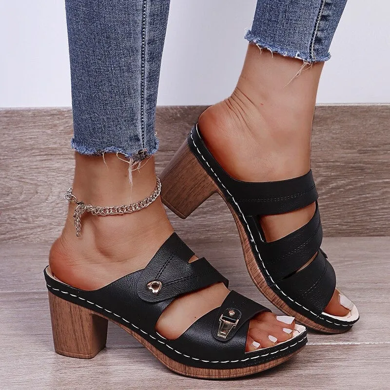 OCW New Women Open Toe Block Heels Sandals Platform Heart Simple Casual Summer