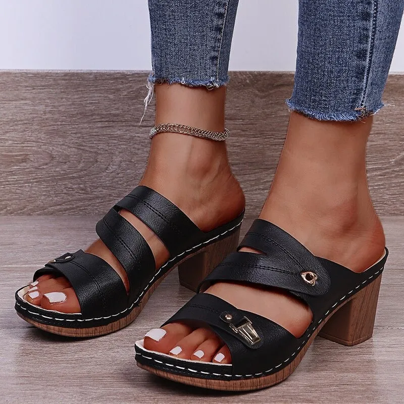 OCW New Women Open Toe Block Heels Sandals Platform Heart Simple Casual Summer