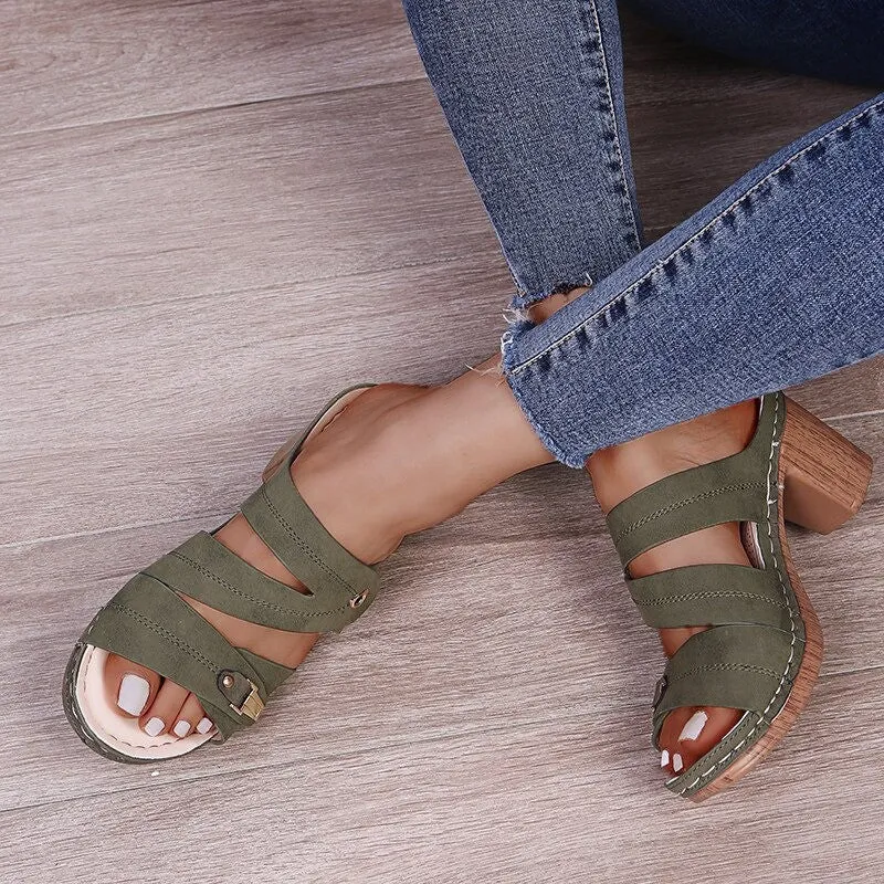 OCW New Women Open Toe Block Heels Sandals Platform Heart Simple Casual Summer