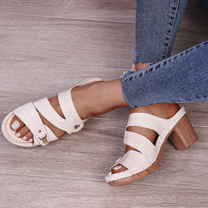 OCW New Women Open Toe Block Heels Sandals Platform Heart Simple Casual Summer