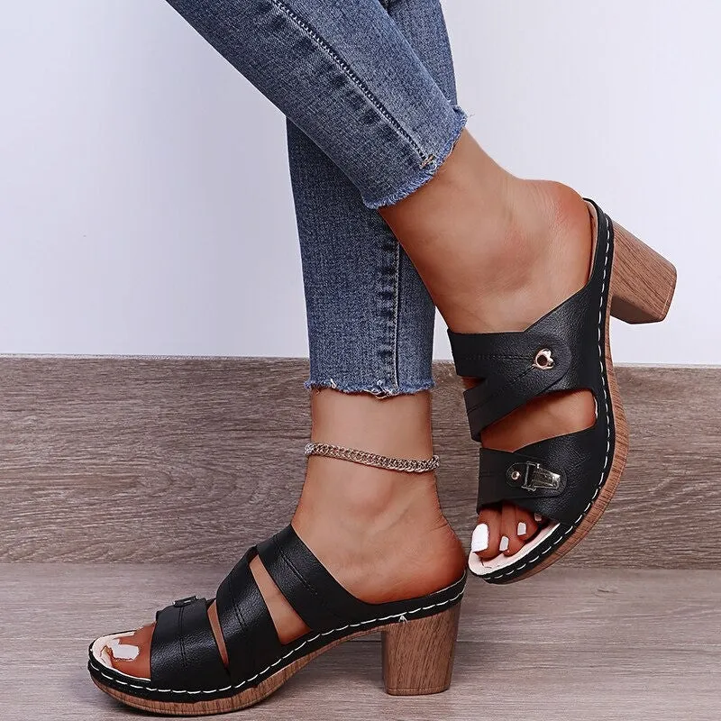 OCW New Women Open Toe Block Heels Sandals Platform Heart Simple Casual Summer