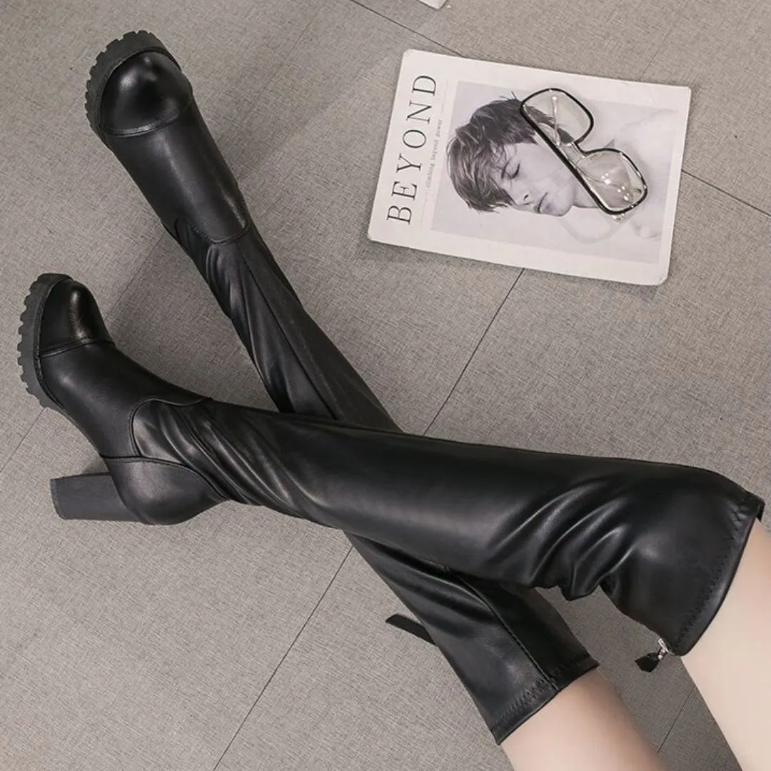 OCW Women Black Knee High Boots Leather Made Warm Winter Shoes