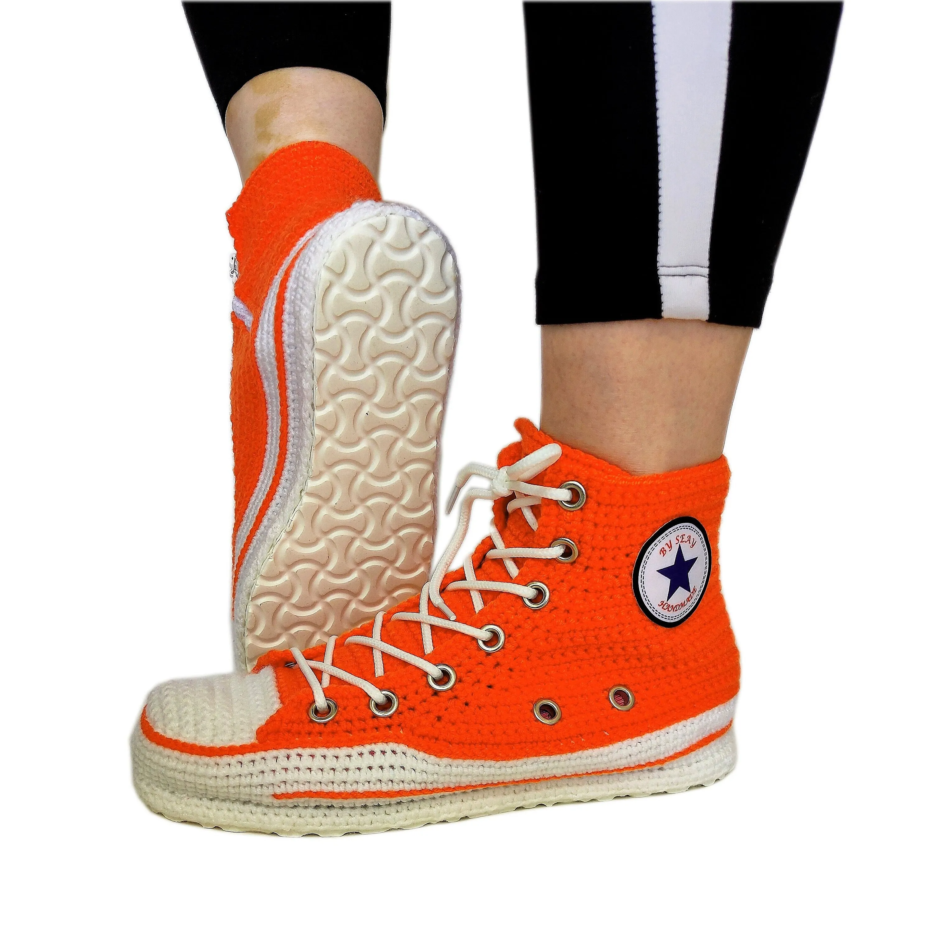 Orange Converse Sneakers Custom Crochet Knitted Slippers Breathable Soft Plush Sock