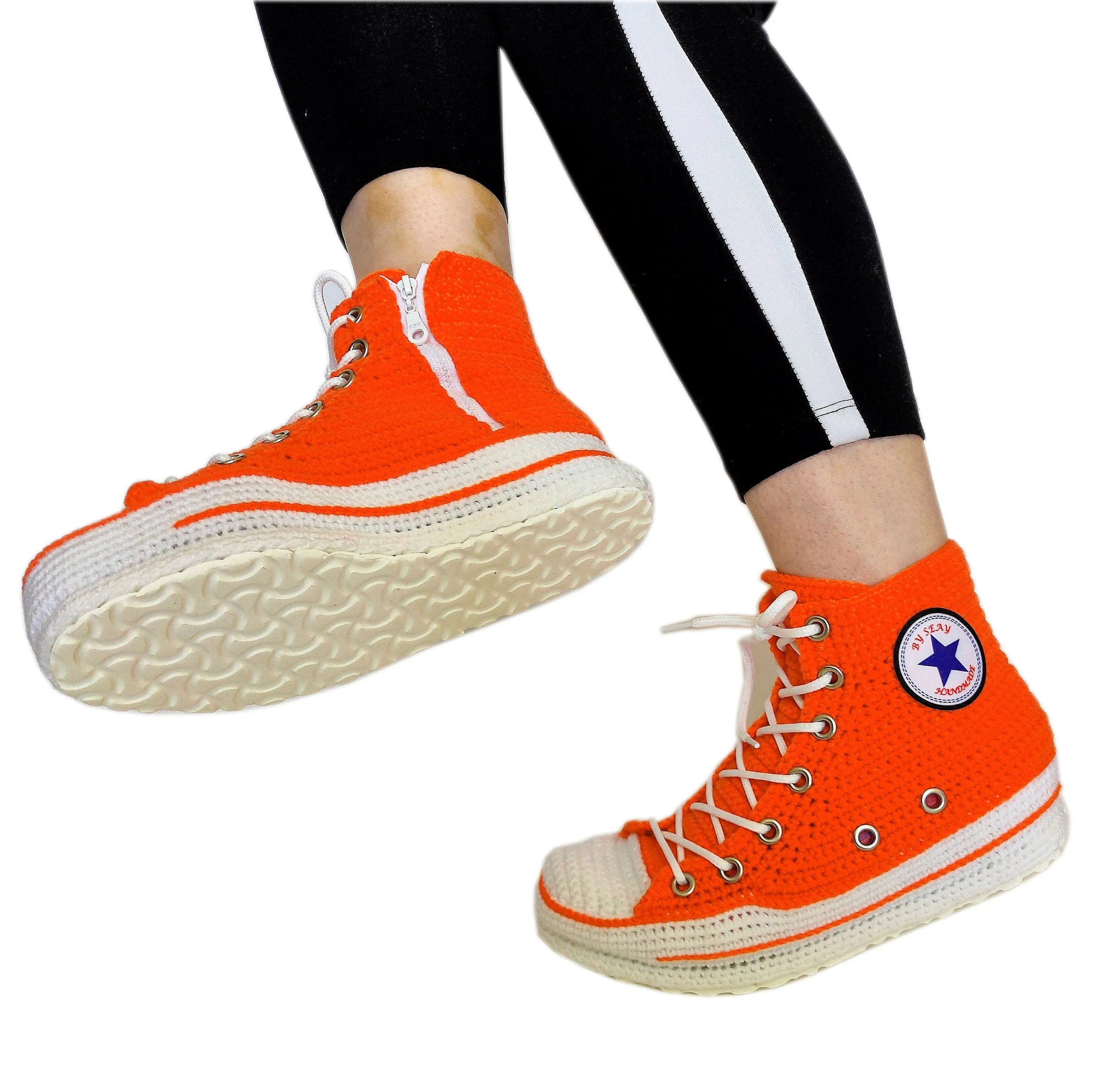 Orange Converse Sneakers Custom Crochet Knitted Slippers Breathable Soft Plush Sock