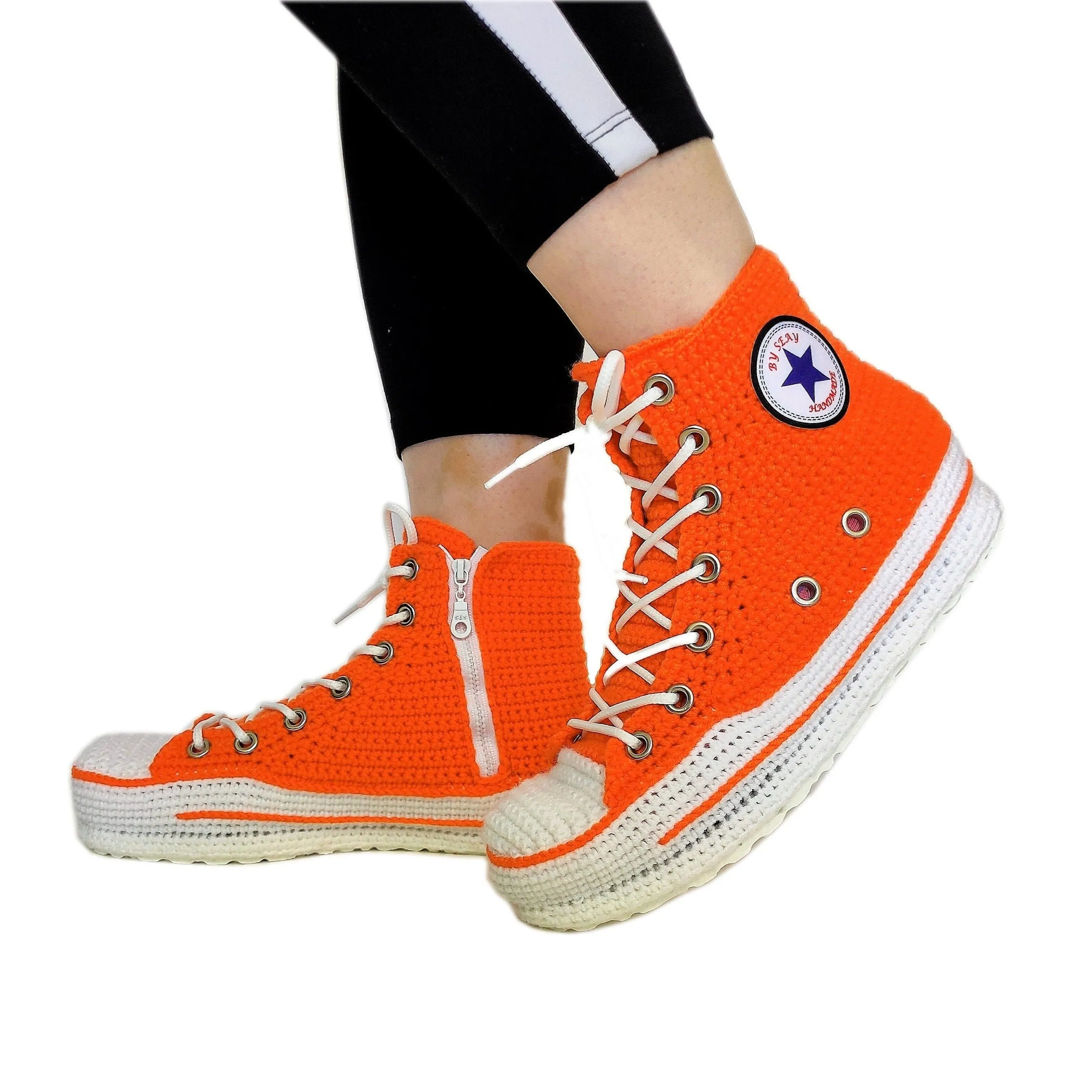 Orange Converse Sneakers Custom Crochet Knitted Slippers Breathable Soft Plush Sock