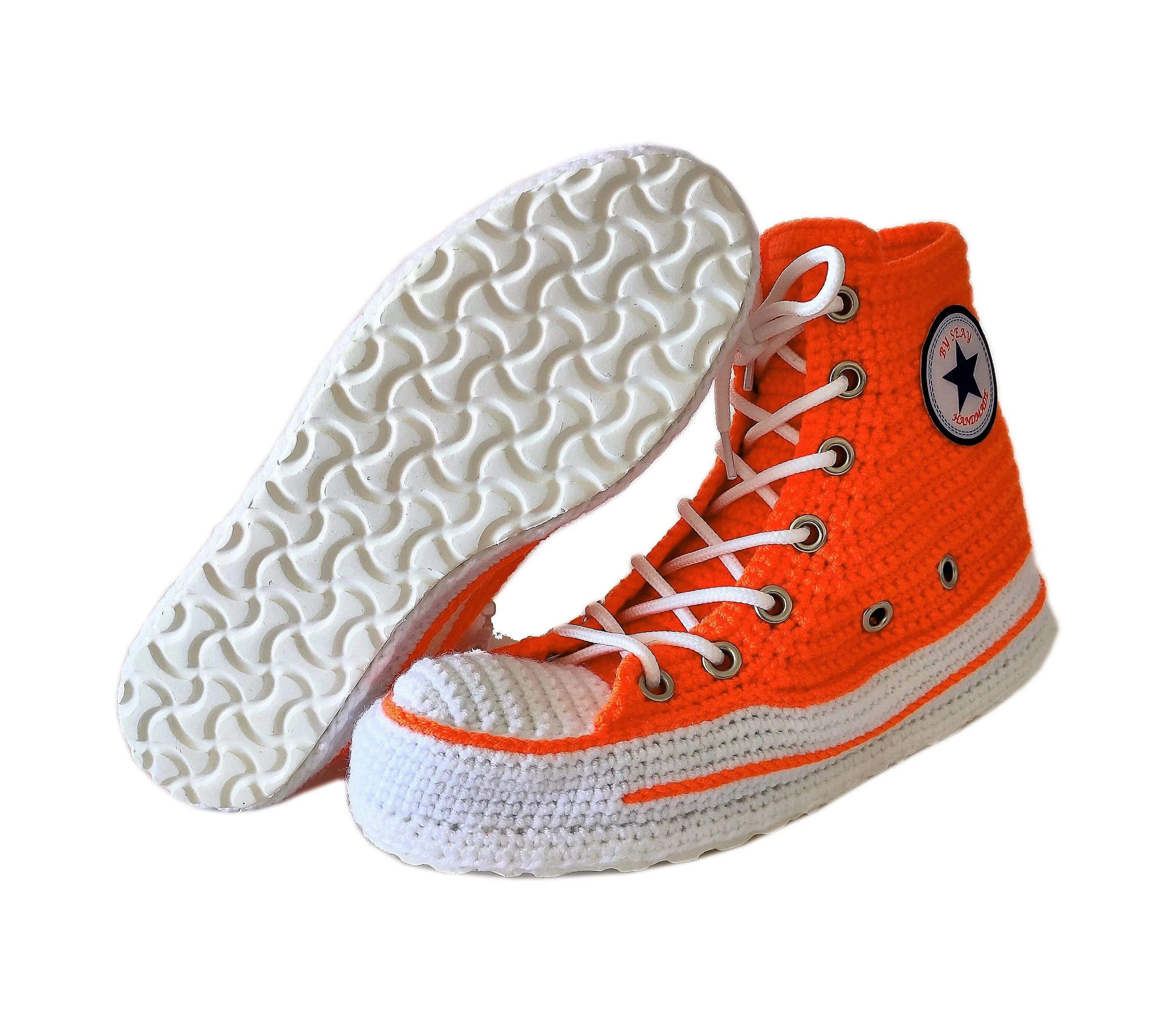 Orange Converse Sneakers Custom Crochet Knitted Slippers Breathable Soft Plush Sock