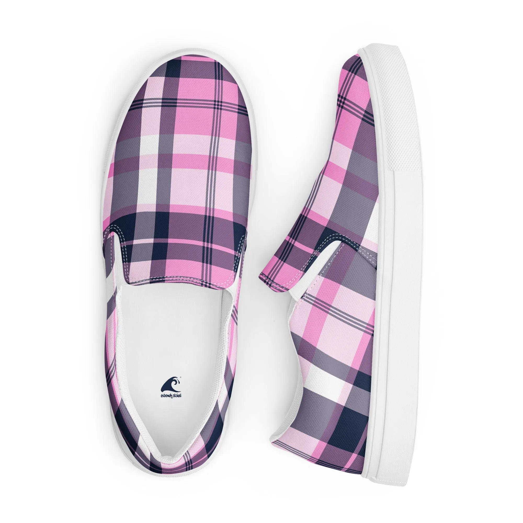 Pink and Navy Blue Preppy Surfer Plaid Men’s Slip On Canvas Shoes