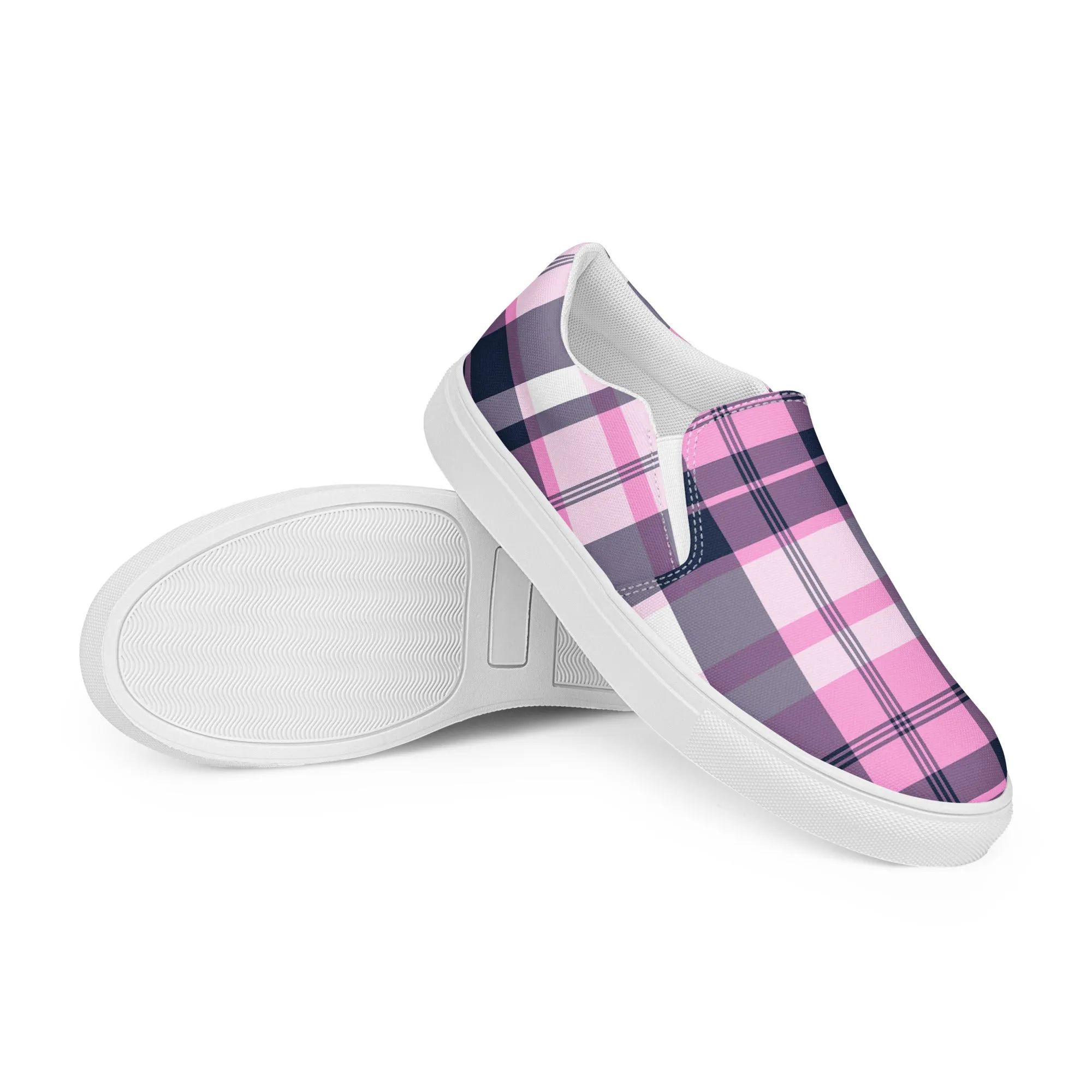 Pink and Navy Blue Preppy Surfer Plaid Men’s Slip On Canvas Shoes