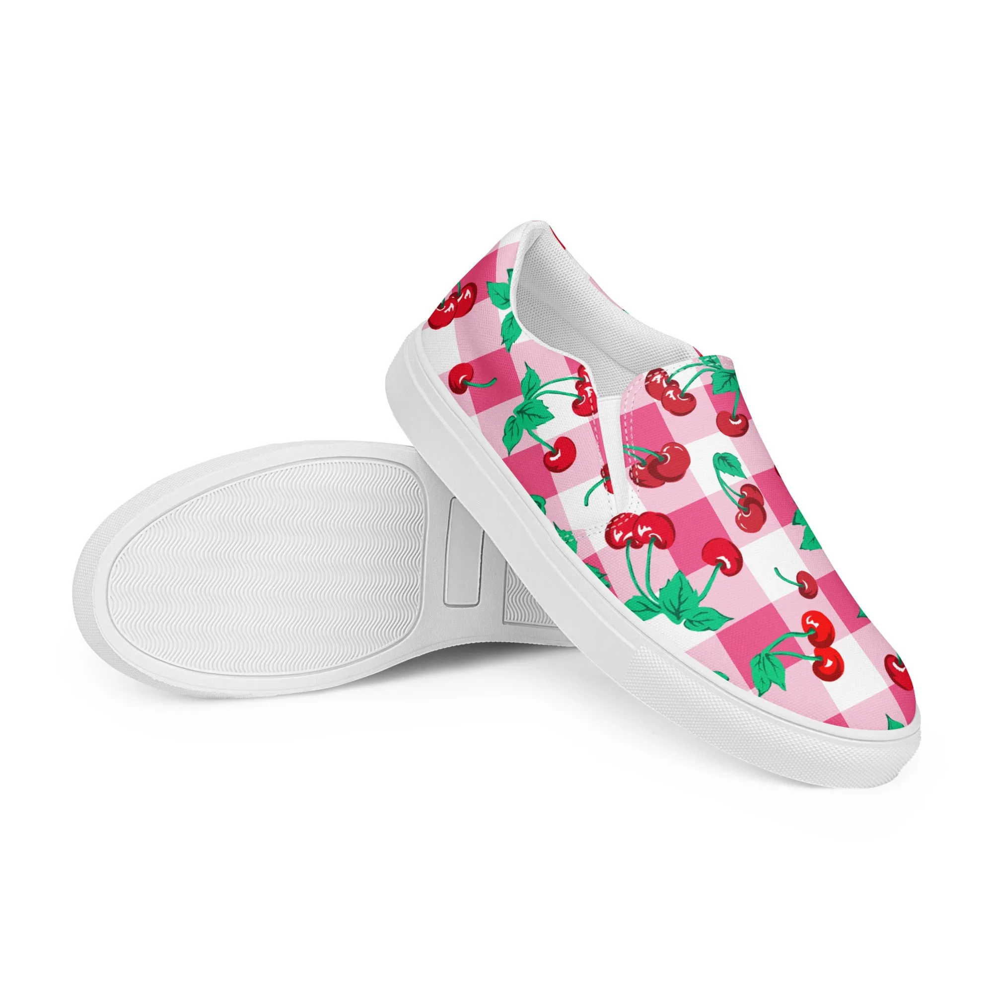 Pink Gingham Cherry Girl Women’s Canvas Slip-on Deck Shoes | Pinup Couture Relaxed